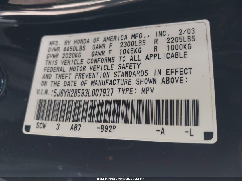 2003 Honda Element Ex VIN: 5J6YH28593L007937 Lot: 43159784
