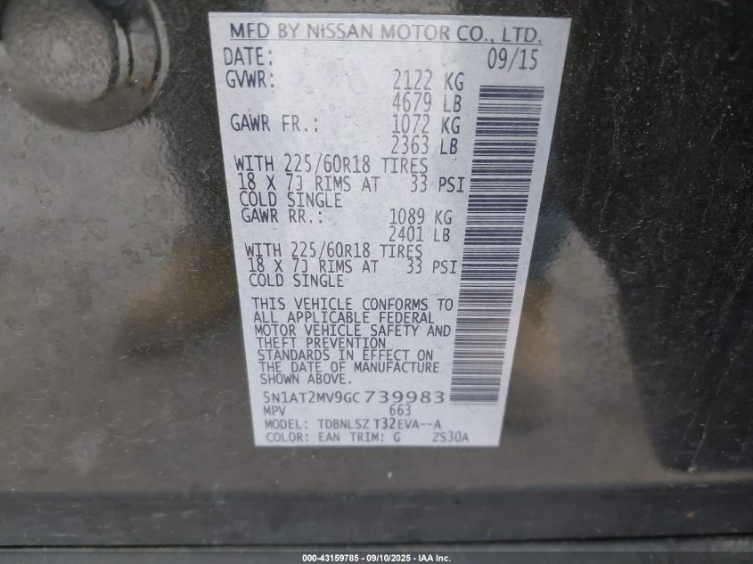 2016 Nissan Rogue Sl VIN: 5N1AT2MV9GC739983 Lot: 43159785