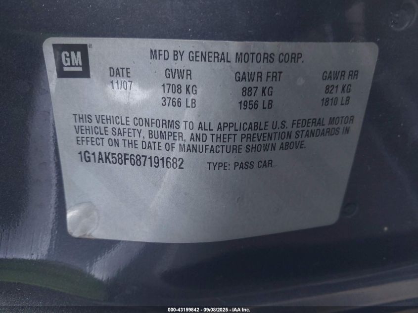 2008 Chevrolet Cobalt Ls VIN: 1G1AK58F687191682 Lot: 43159842