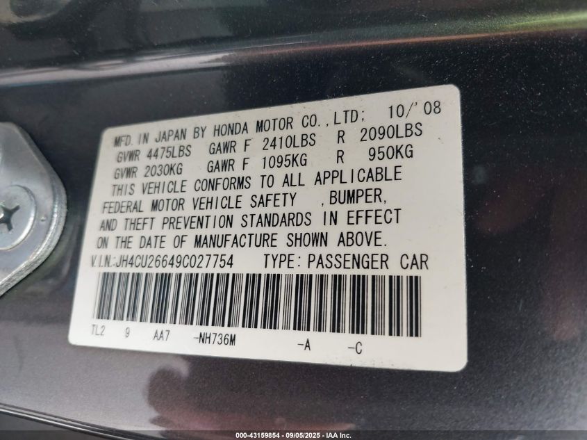 2009 Acura Tsx VIN: JH4CU26649C027754 Lot: 43159854