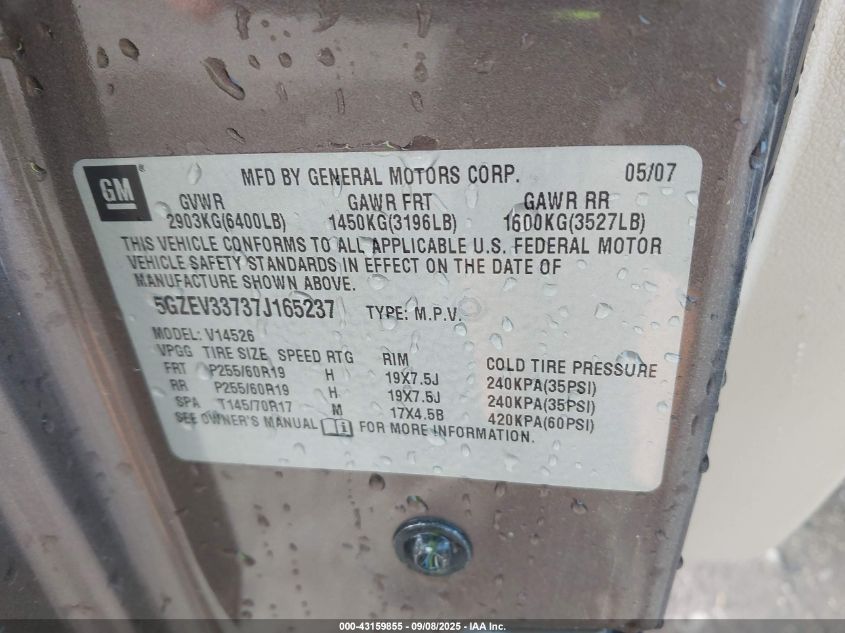 2007 Saturn Outlook Xr VIN: 5GZEV33737J165237 Lot: 43159855