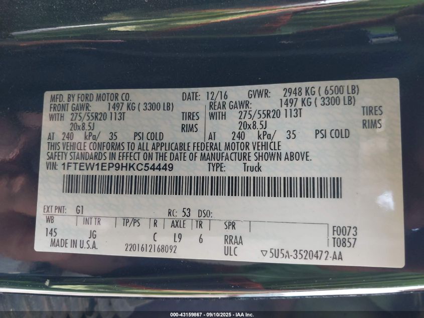 2017 Ford F-150 Xl VIN: 1FTEW1EP9HKC54449 Lot: 43159867