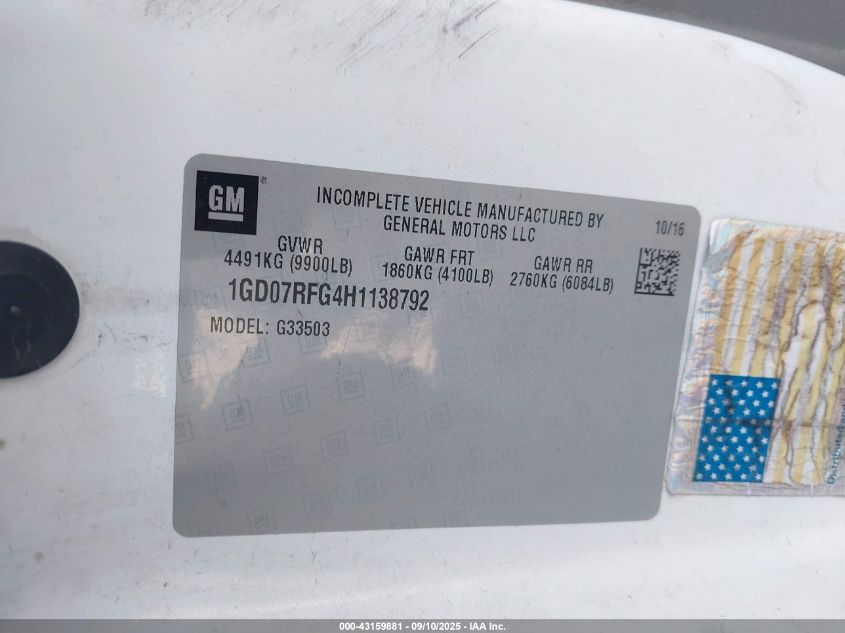 2017 GMC Savana Cutaway Work Van VIN: 1GD07RFG4H1138792 Lot: 43159881