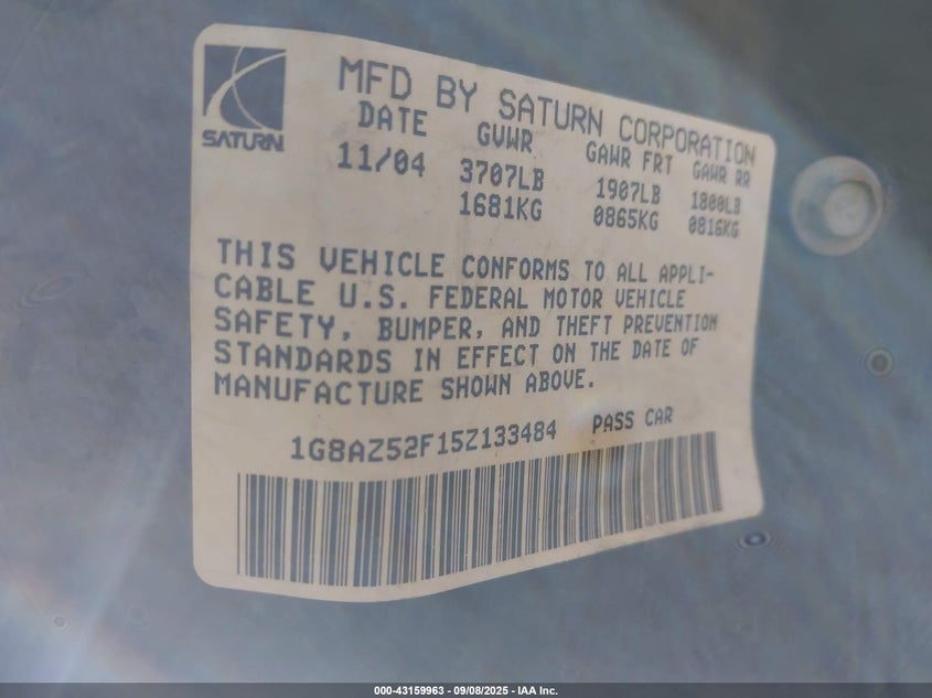 2005 Saturn Ion 2 VIN: 1G8AZ52F15Z133484 Lot: 43159963