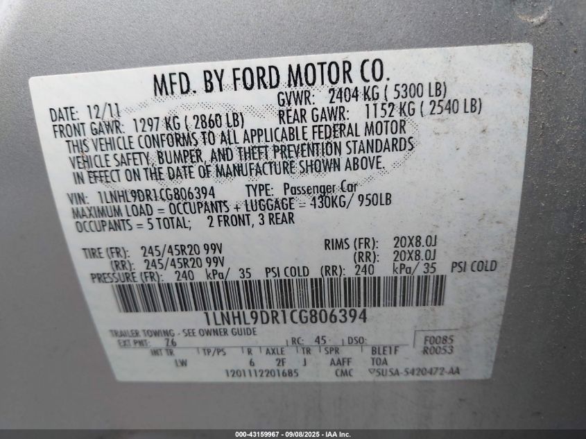 2012 Lincoln Mks VIN: 1LNHL9DR1CG806394 Lot: 43159967