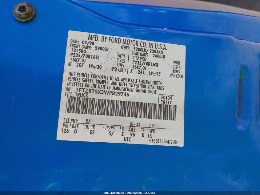 1998 Ford Ranger Splash/Xl/Xlt VIN: 1FTZR15X3WPB29746 Lot: 43160002