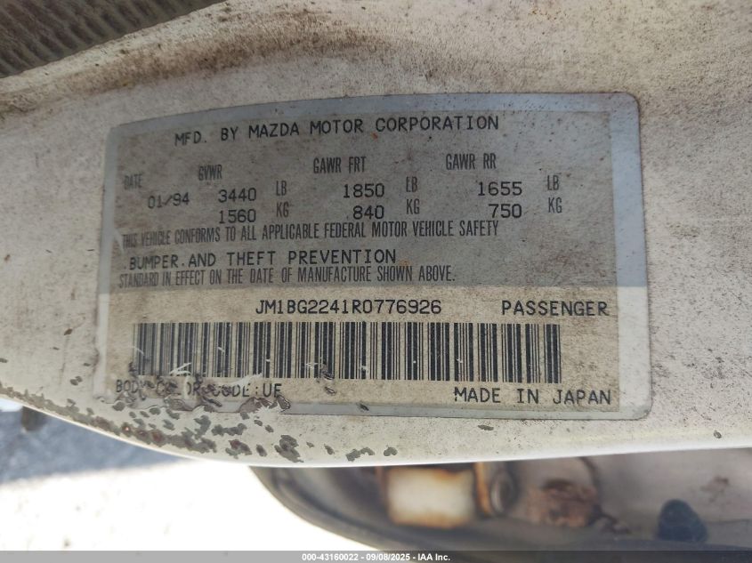 1994 Mazda Protege Dx VIN: JM1BG2241R0776926 Lot: 43160022