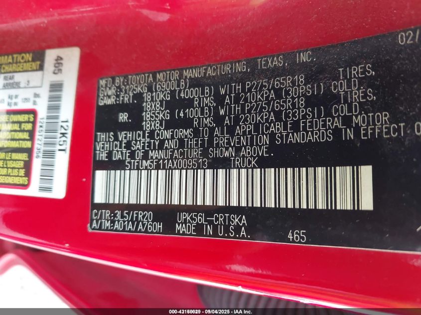 2010 Toyota Tundra Grade 4.6L V8 VIN: 5TFUM5F11AX009513 Lot: 43160029