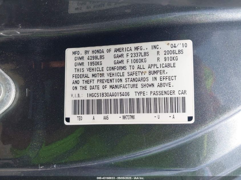 2010 Honda Accord 2.4 Lx-S VIN: 1HGCS1B30AA015406 Lot: 43160033