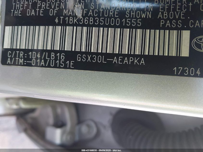 2005 Toyota Avalon Limited VIN: 4T1BK36B35U001555 Lot: 43160035