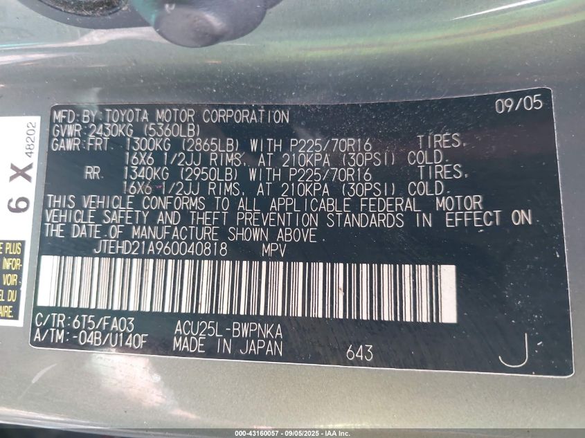 2006 Toyota Highlander VIN: JTEHD21A960040818 Lot: 43160057