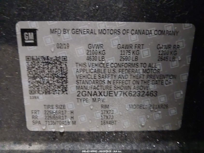 2019 Chevrolet Equinox Lt VIN: 2GNAXUEV7K6232463 Lot: 43160062