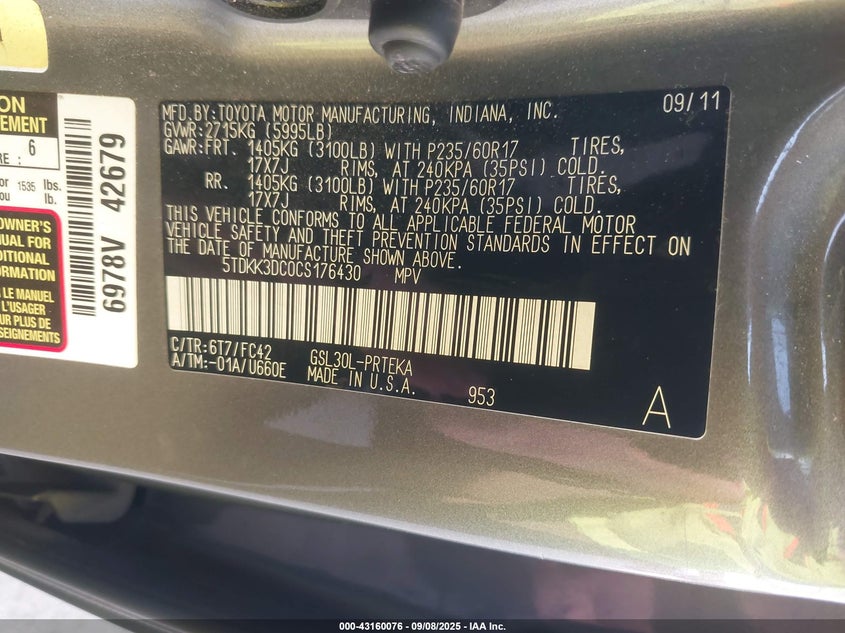 2012 Toyota Sienna Le V6 8 Passenger VIN: 5TDKK3DC0CS176430 Lot: 43160076