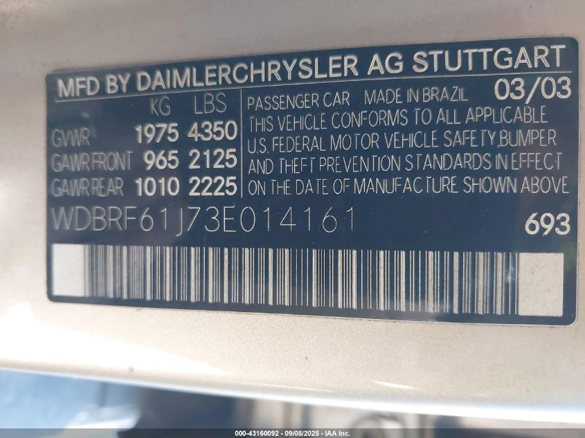 2003 Mercedes-Benz C 240 VIN: WDBRF61J73E014161 Lot: 43160092