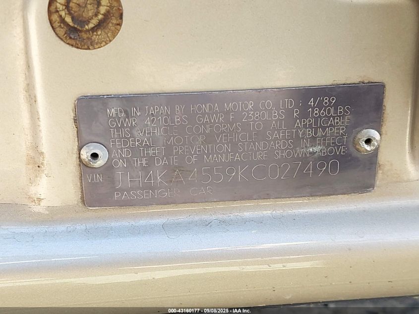 1989 Acura Legend Lc VIN: JH4KA4559KC027490 Lot: 43160177