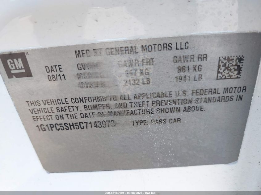 2012 Chevrolet Cruze Ls VIN: 1G1PC5SH5C7143973 Lot: 43160191