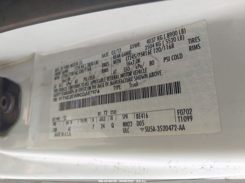 2012 Ford E-250 Commercial VIN: 1FTNE2EW6CDA67974 Lot: 43160195