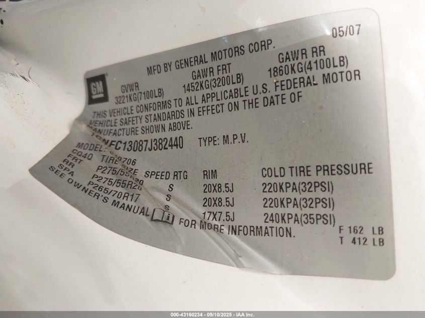 2007 Chevrolet Tahoe Lt VIN: 1GNFC13087J382440 Lot: 43160234