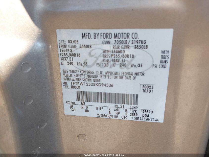2005 Ford F-150 Lariat/Xlt VIN: 1FTPW12535KD94536 Lot: 43160267