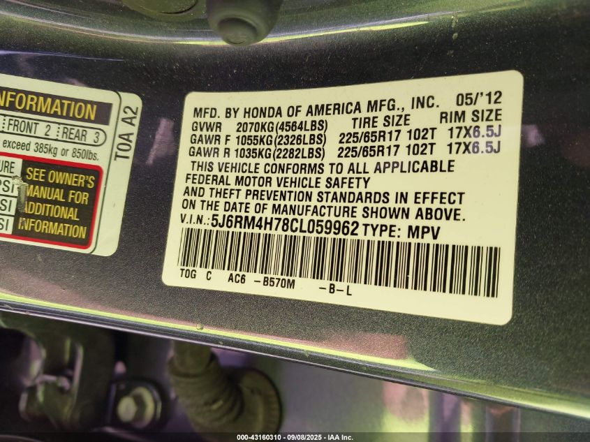 2012 Honda Cr-V Ex-L VIN: 5J6RM4H78CL059962 Lot: 43160310