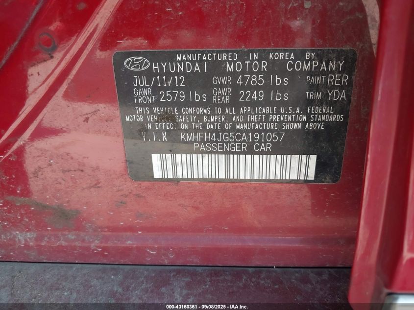 2012 Hyundai Azera VIN: KMHFH4JG5CA191057 Lot: 43160361