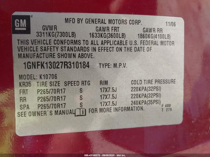 2007 Chevrolet Tahoe Ls VIN: 1GNFK13027R310184 Lot: 43160370