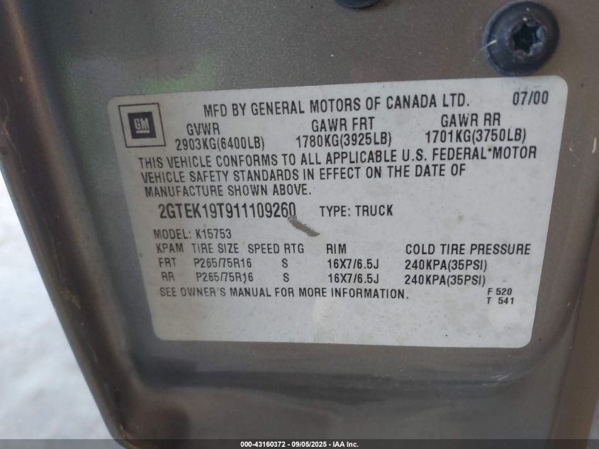 2001 GMC Sierra 1500 Sle VIN: 2GTEK19T911109260 Lot: 43160372