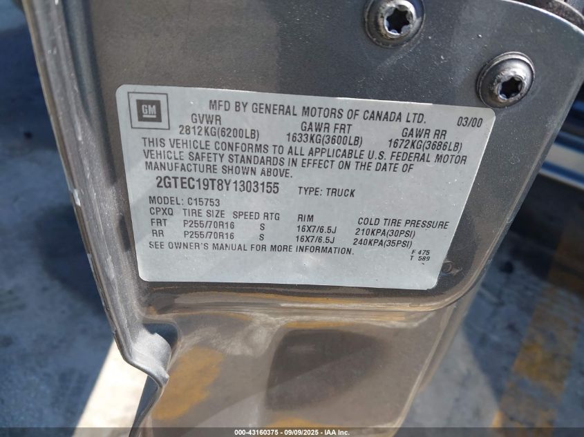 2000 GMC Sierra 1500 Sle VIN: 2GTEC19T8Y1303155 Lot: 43160375