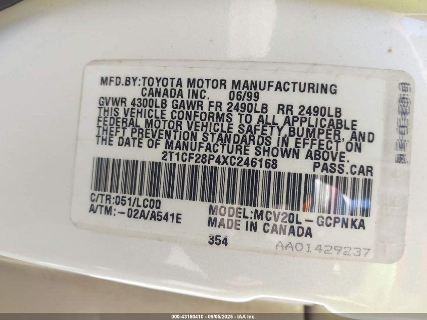 1999 Toyota Camry Solara Se/Sle VIN: 2T1CF28P4XC246168 Lot: 43160410