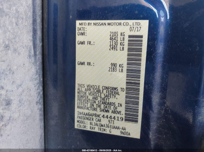 2017 Nissan Maxima 3.5 S VIN: 1N4AA6AP8HC444419 Lot: 43160413