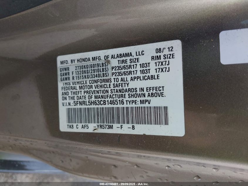 2012 Honda Odyssey Ex-L VIN: 5FNRL5H63CB146516 Lot: 43160481