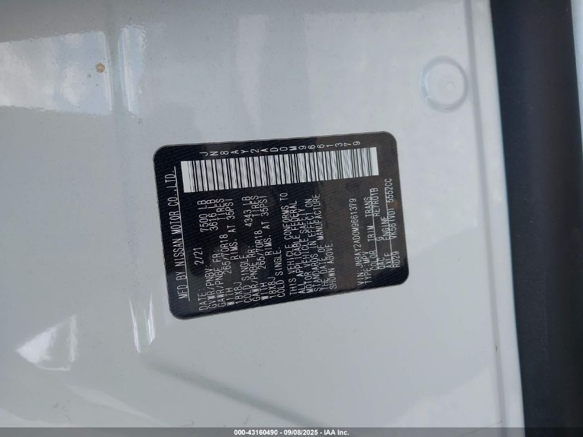 2021 Nissan Armada Sv 4Wd VIN: JN8AY2AD0M9661379 Lot: 43160490