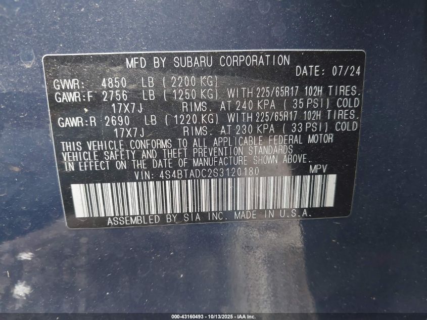 2025 Subaru Outback Premium VIN: 4S4BTADC2S3120180 Lot: 43160493