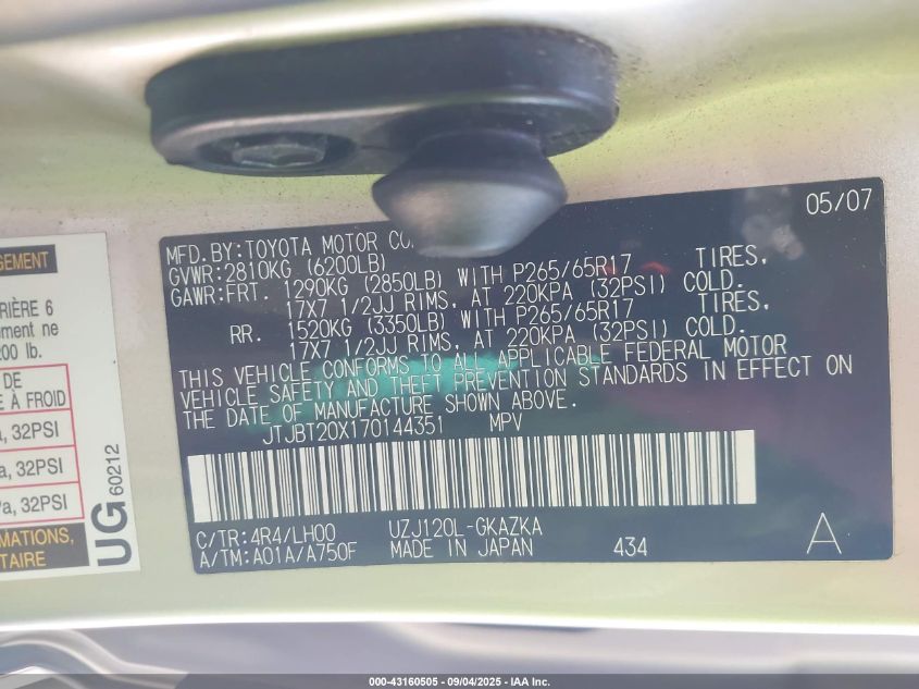 2007 Lexus Gx 470 VIN: JTJBT20X170144351 Lot: 43160505