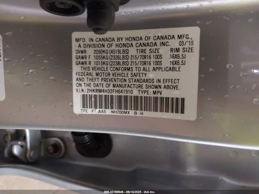 2015 Honda Cr-V Lx VIN: 2HKRM4H32FH641910 Lot: 43160546