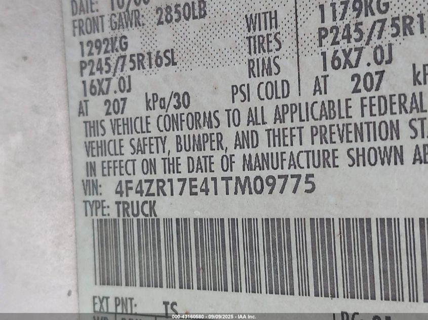 2001 Mazda B4000 Cab Plus VIN: 4F4ZR17E41TM09775 Lot: 43160580
