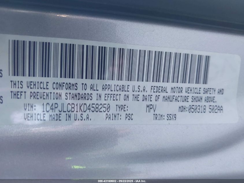 2019 Jeep Cherokee Latitude Fwd VIN: 1C4PJLCB1KD458250 Lot: 43160602