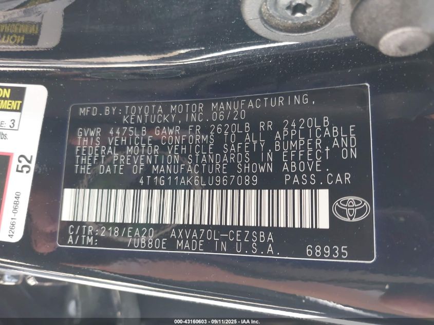 2020 Toyota Camry Se VIN: 4T1G11AK6LU967089 Lot: 43160603