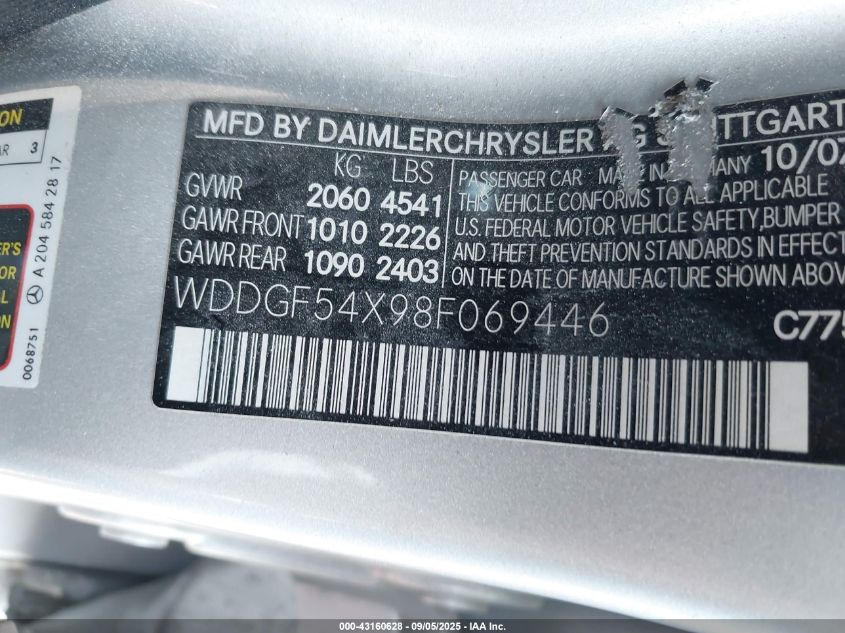 2008 Mercedes-Benz C 300 Luxury/Sport VIN: WDDGF54X98F069446 Lot: 43160628
