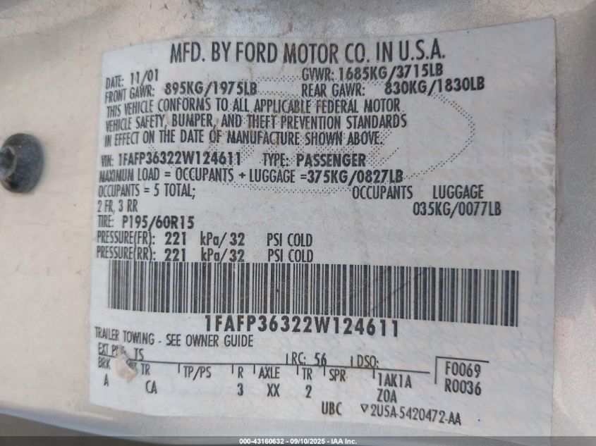 2002 Ford Focus Se/Ztw VIN: 1FAFP36322W124611 Lot: 43160632