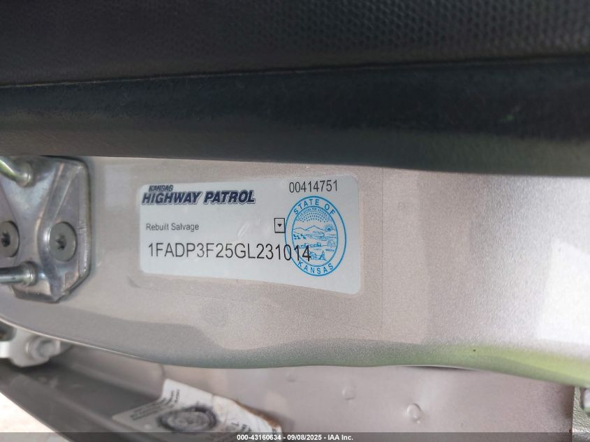 2016 Ford Focus Se VIN: 1FADP3F25GL231014 Lot: 43160634