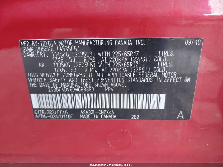 2011 Toyota Rav4 VIN: 2T3BF4DV6BW088393 Lot: 43160635