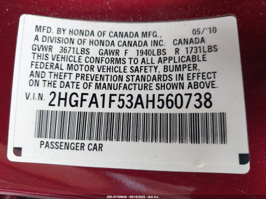 2010 Honda Civic Lx VIN: 2HGFA1F53AH560738 Lot: 43160646