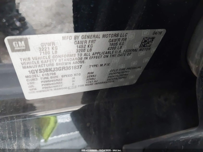 2016 Cadillac Escalade Luxury Collection VIN: 1GYS3BKJ3GR361837 Lot: 43160659