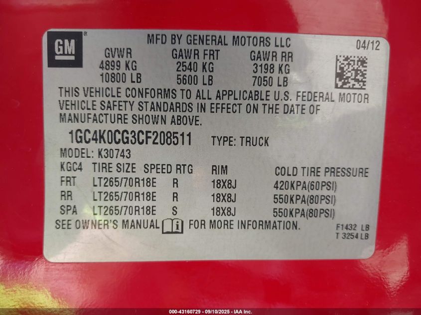 2012 Chevrolet Silverado 3500Hd Lt VIN: 1GC4K0CG3CF208511 Lot: 43160729