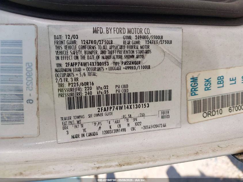 2004 Ford Crown Victoria Lx VIN: 2FAFP74W14X130153 Lot: 43160730