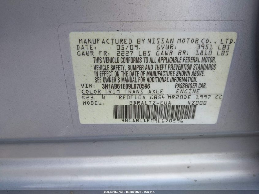 2009 Nissan Sentra 2.0S VIN: 3N1AB61E09L670596 Lot: 43160748