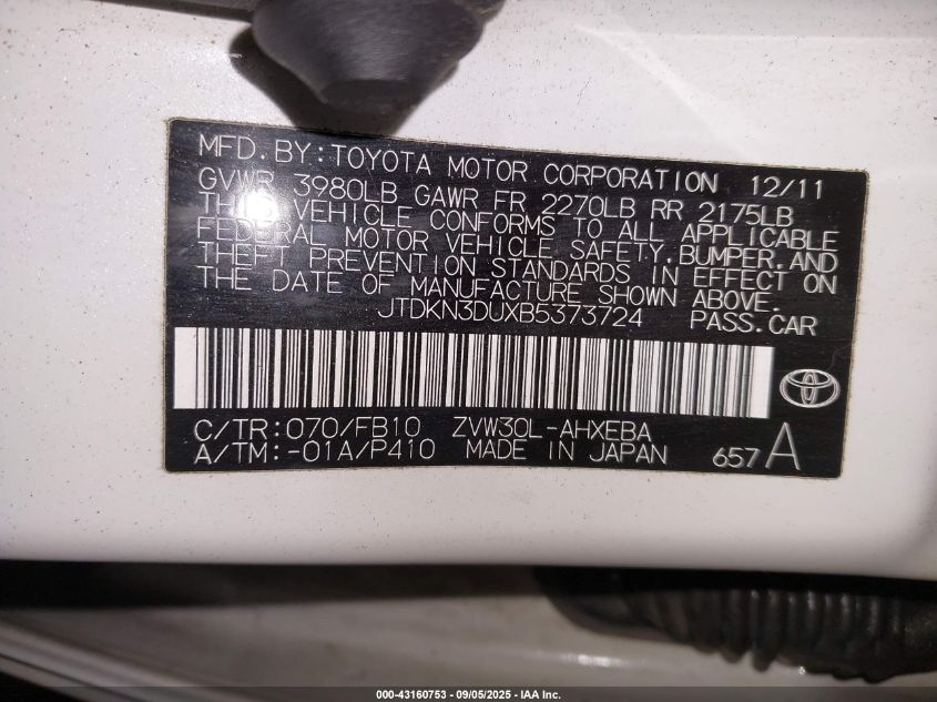 2011 Toyota Prius Two VIN: JTDKN3DUXB5373724 Lot: 43160753