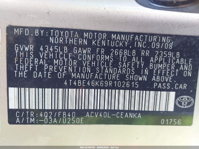 2009 Toyota Camry Le VIN: 4T4BE46K69R102615 Lot: 43160758