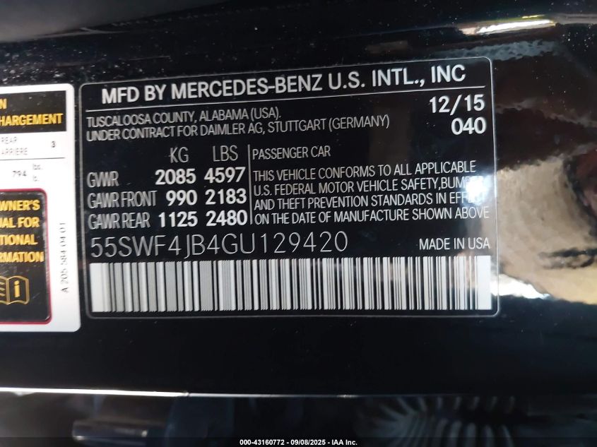 2016 Mercedes-Benz C 300 VIN: 55SWF4JB4GU129420 Lot: 43160772